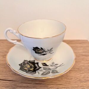 Vintage English Castle Bone China Tea Cup and Saucer Gothic Black Rose